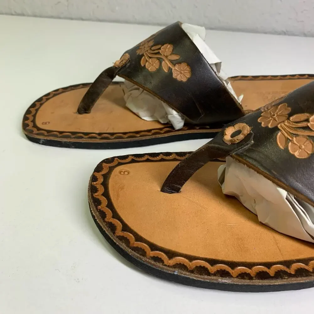 AMAY PE HECHO EN MEXICO Sandals 8 Artisan Huaraches Slip On Hand Tooled Floral